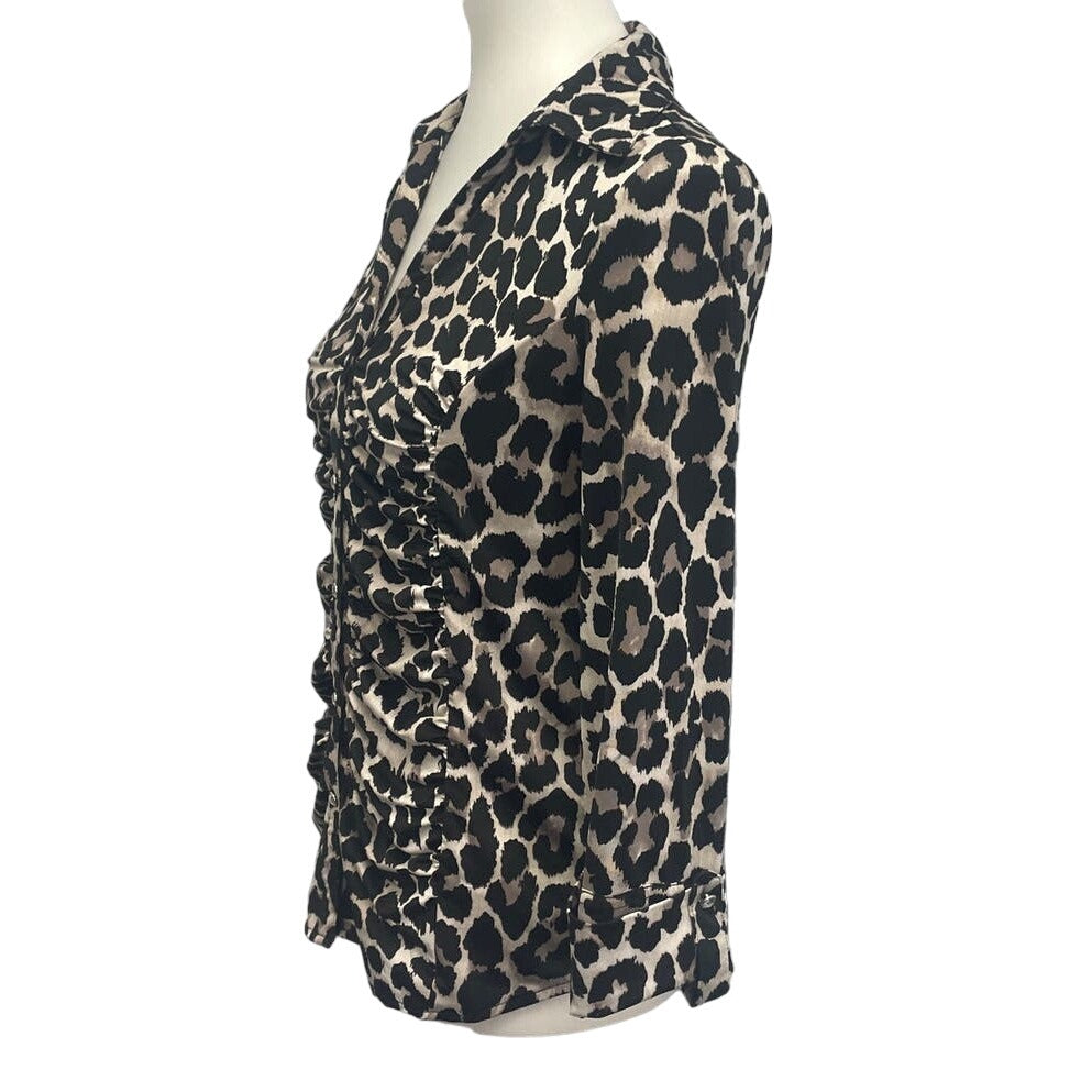 INC Womens Medium Button Front Long Tabbed Sleeve Leopard Print Blouse