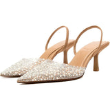 Yiya Womens 7.5 Clear Silver White Studded Pointed Toe Slingback 3" Heels Shoes