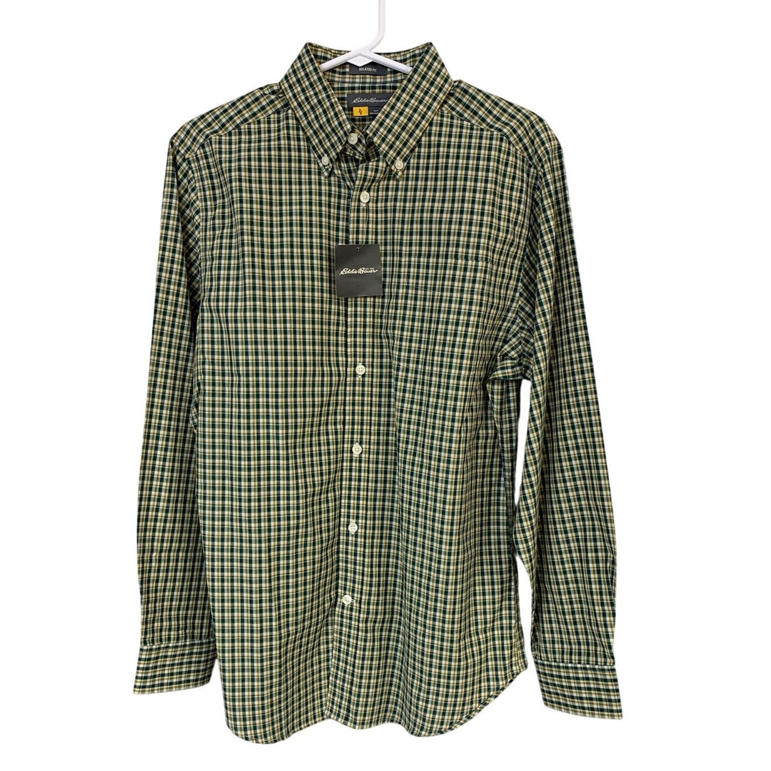 New Eddie Bauer Mens Small Dark Pine Long Sleeve Plaid Getaway Button Down Shirt