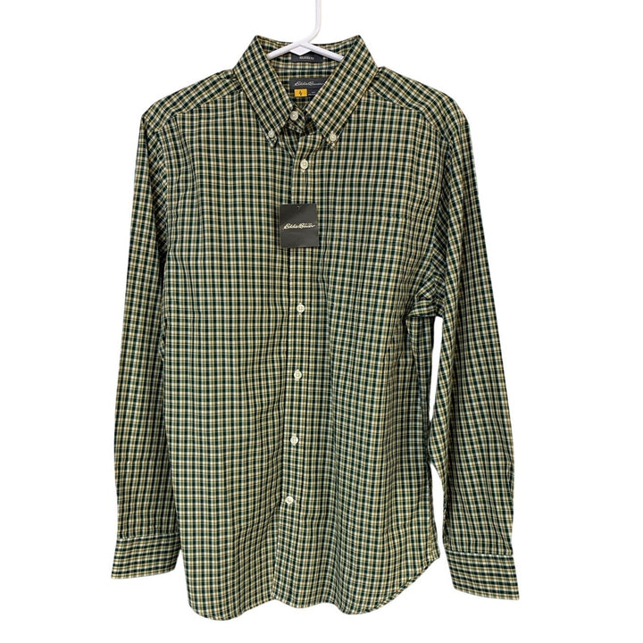 New Eddie Bauer Mens Small Dark Pine Long Sleeve Plaid Getaway Button Down Shirt