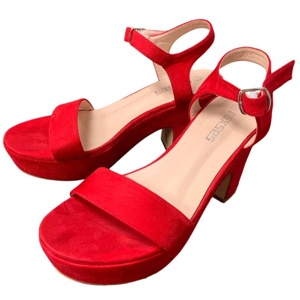 Rsxses Womens Size 10 Red Faux Suede 4" Platform Heel Open Toe Ankle Strap Shoes