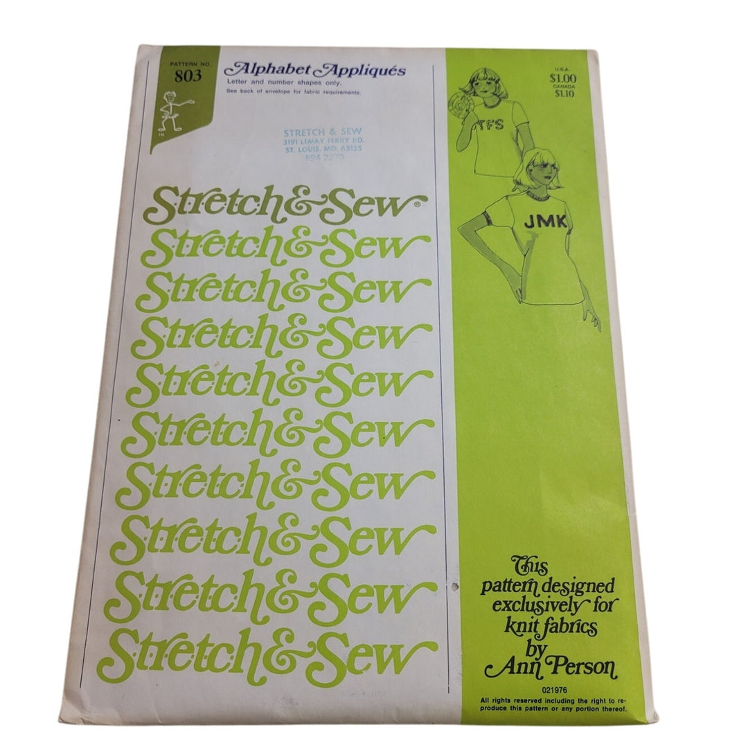 Vintage 1976 Stretch &amp; Sew 803 Alphabet Appliques Pattern Letters &amp; Numbers Only