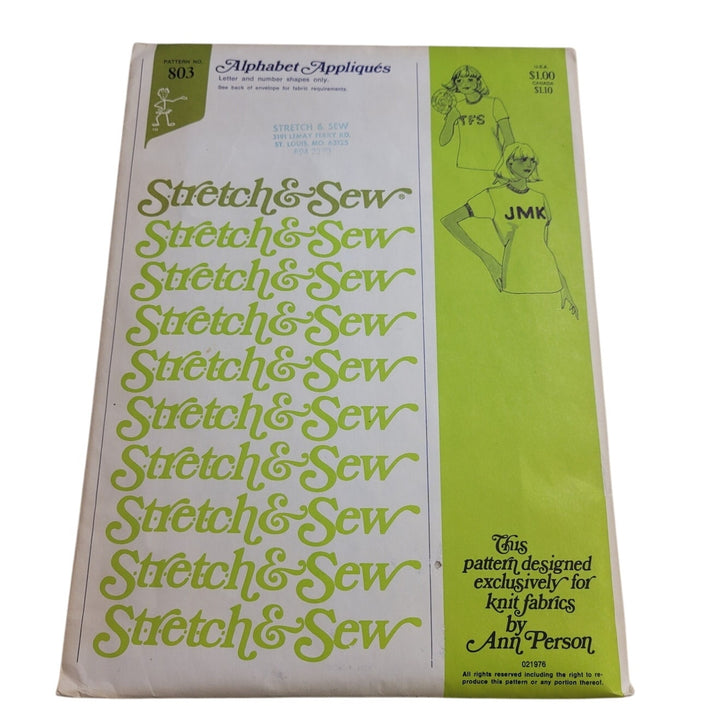 Vintage 1976 Stretch &amp; Sew 803 Alphabet Appliques Pattern Letters &amp; Numbers Only