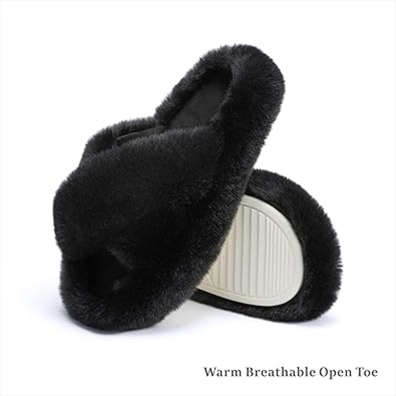 New Chantomoo Womens Size 8 Black Furry Memory Foam Open Toe Slide On Slippers