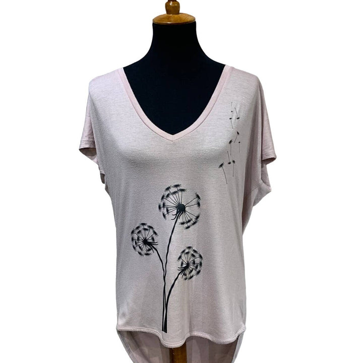 Hand Printed Upcycled Womens Small Dandelion Hi Low Short Sleeve Tee w Necklace