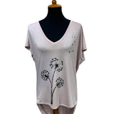 Hand Printed Upcycled Womens Small Dandelion Hi Low Short Sleeve Tee w Necklace