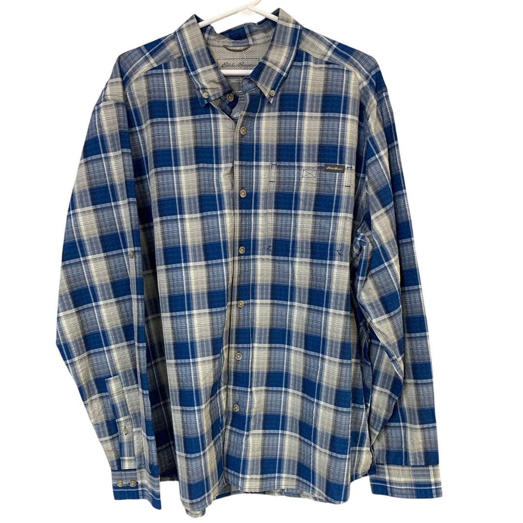 New Eddie Bauer Mens XL True Blue Plaid Classic Long Sleeve Pack It Tech Shirt