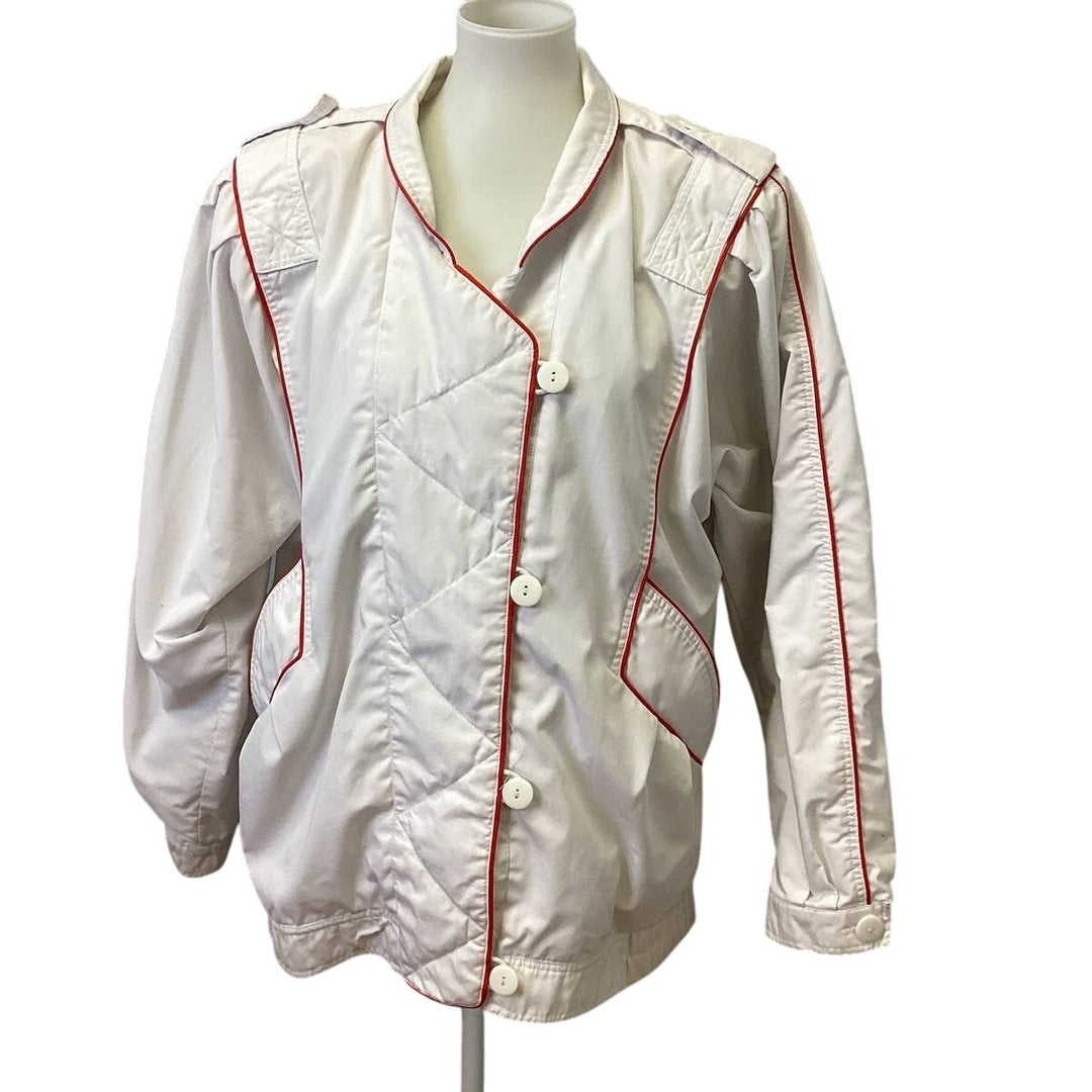 Vintage 1980s Mulberry Street Womens Medium White Button Up PolyCotton Jacket