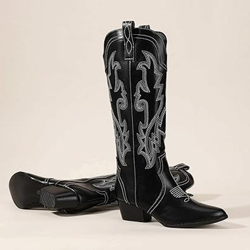 Idifu Womens Size 7 Black Faux Leather Embroidered 2.5" Block Heel Cowboy Boots