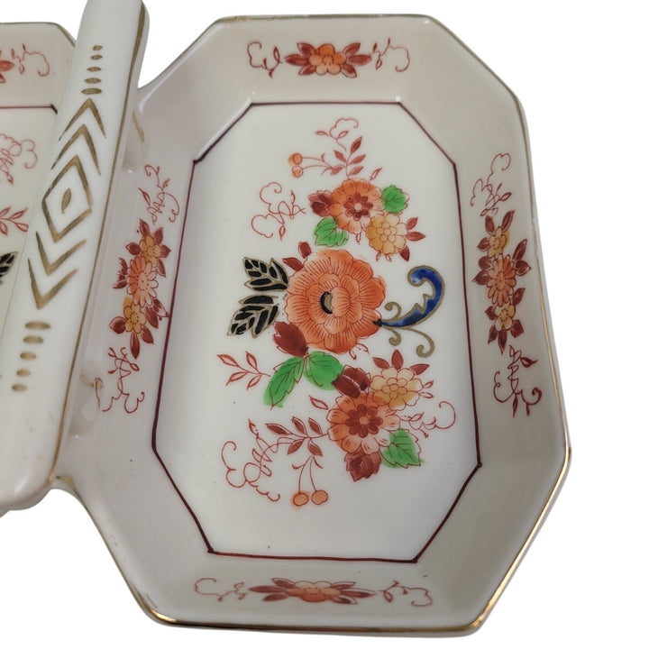 Vintage Japan Hand-Painted Floral Divided Fine China Dish with Handle