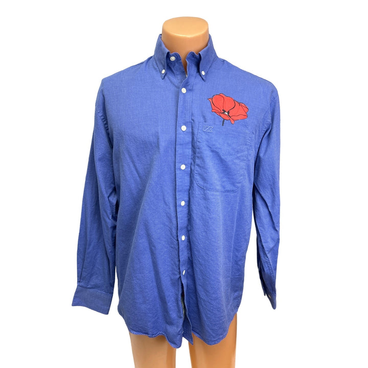 New Hand Printed Upcycled Mens Medium Red Poppy Flower Button Down Shirt