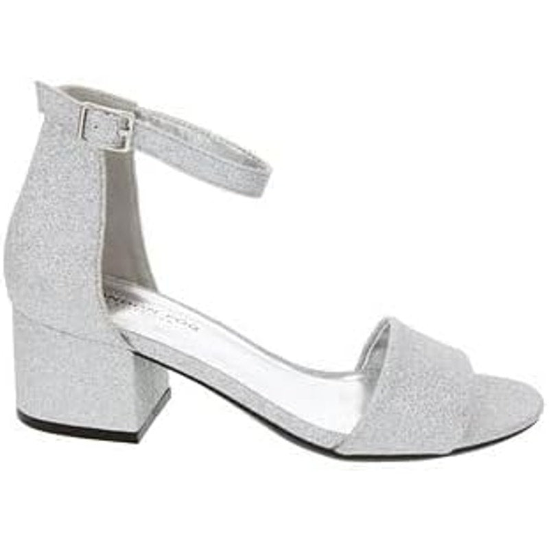 New London Fog Womens 7.5 Silver Glitter 2" Block Heel Open Toe Ankle Strap Shoe