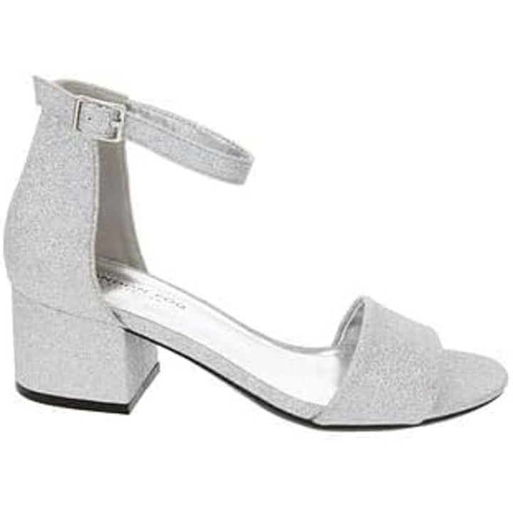 New London Fog Womens 7.5 Silver Glitter 2" Block Heel Open Toe Ankle Strap Shoe