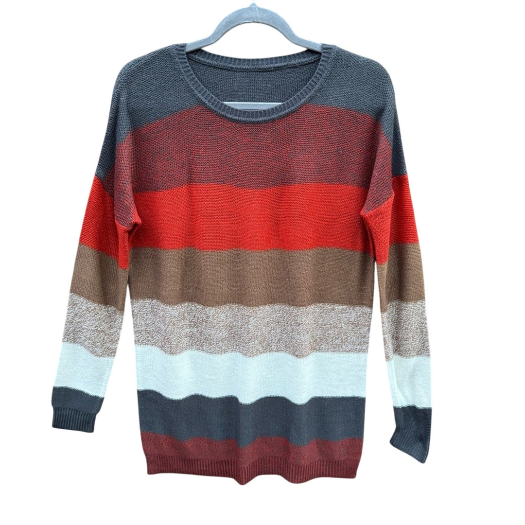 Womens Large Striped Long Sleeve Crew Neck Knit Oversized Tunic Sweater