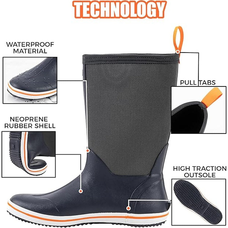 Ubon Mens Size 12 Navy Blue Pull On Waterproof Fishing NonSlip Rubber Rain Boots
