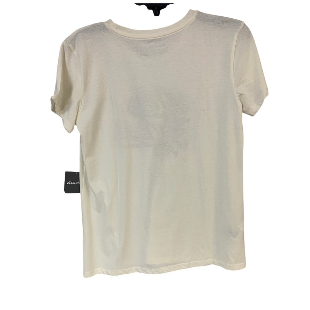 New Eddie Bauer Womens Small Ivory Red Blue Gradient Logo Graphic Tee Shirt