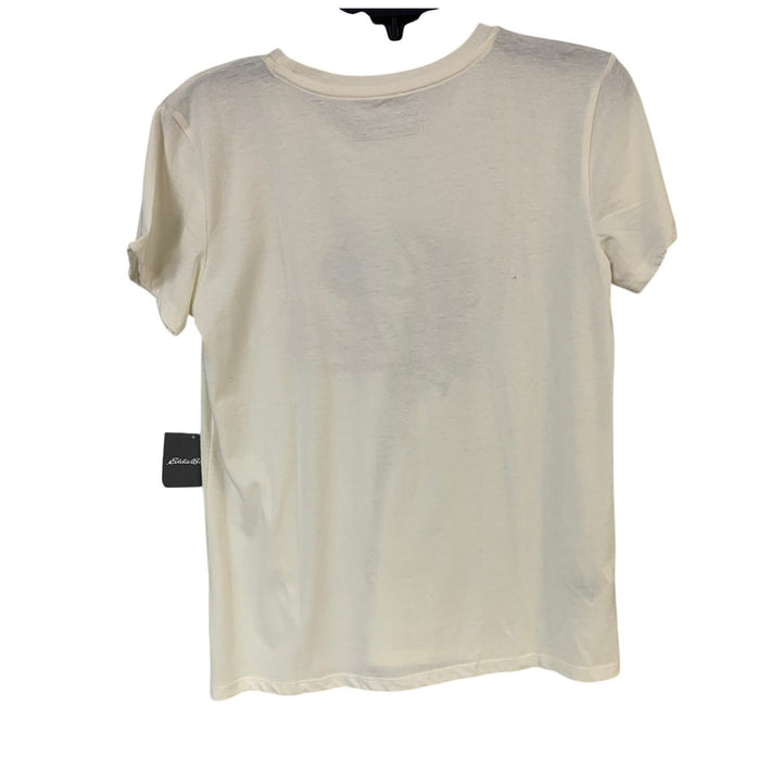 New Eddie Bauer Womens Small Ivory Red Blue Gradient Logo Graphic Tee Shirt