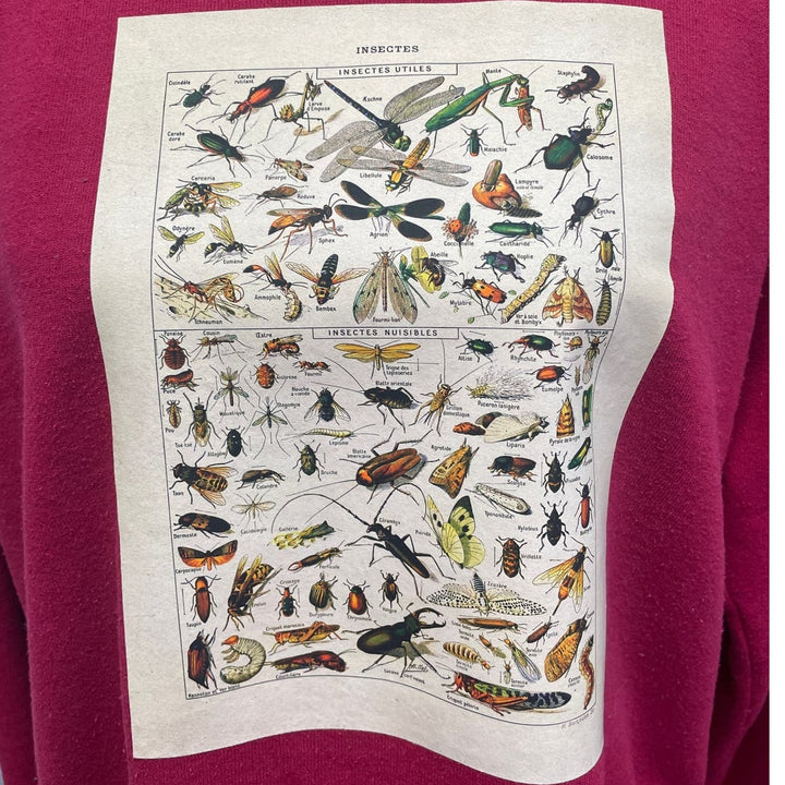 Hand Printed Upcycled Womens XL Vintage Book Page Insect Long Sleeve Sweatshirt