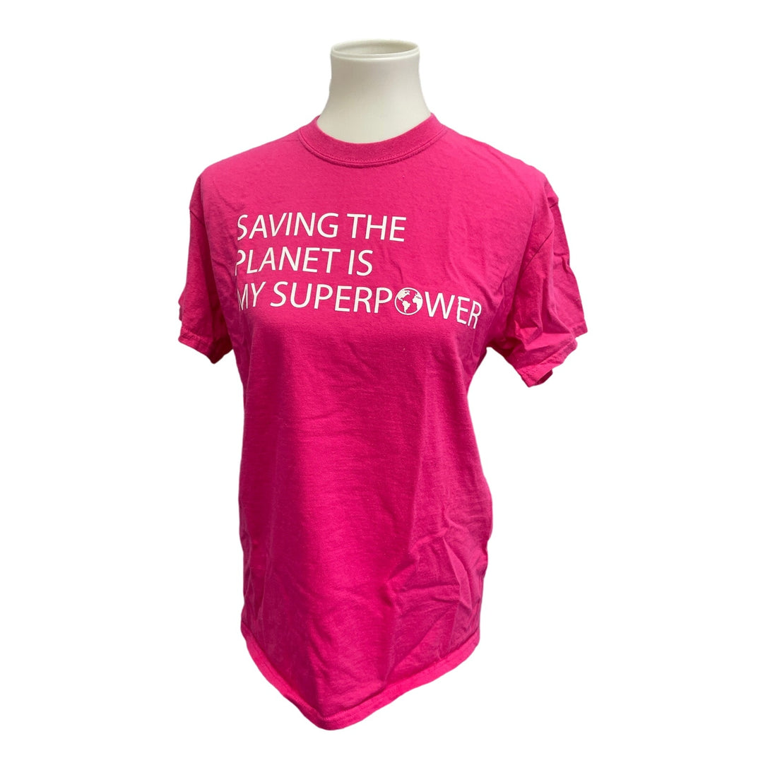 Hand Printed Upcycled Womens Medium Saving the Planet is My Superpower Tee