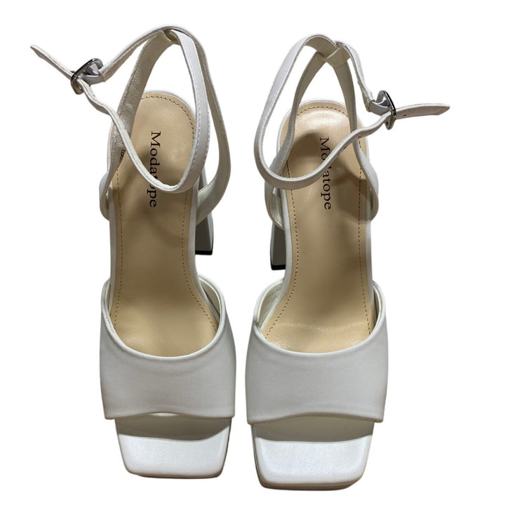 Modatope Womens 6.5 White 4.5" Platform Heels Open Square Toe Ankle Strap Shoes