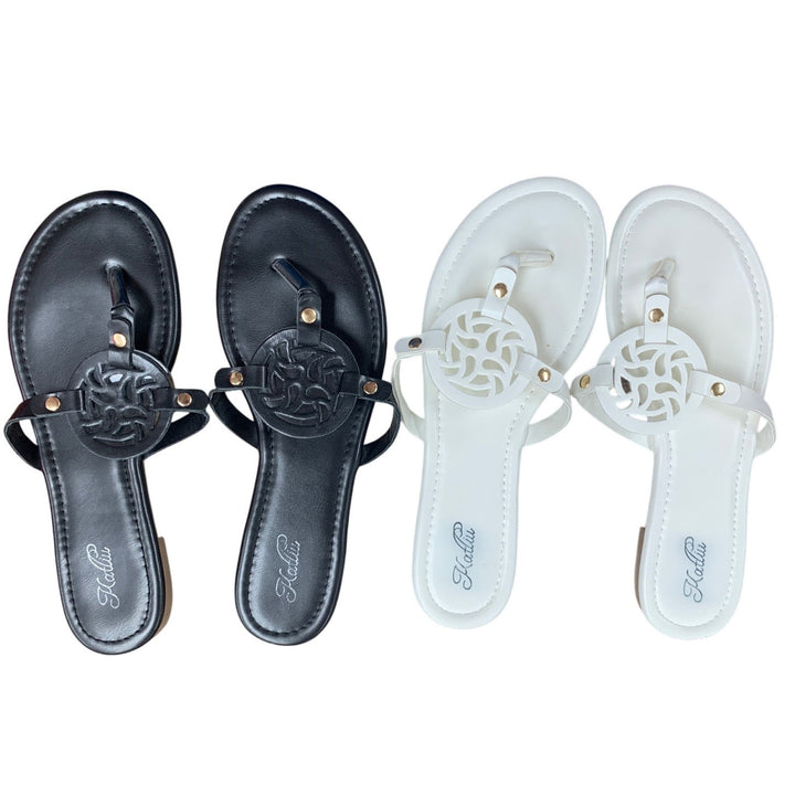 2 Pairs Katliu Womens Size 8.5 Black White Faux Leather Thong Sandals Shoes