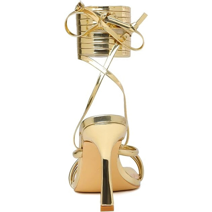 Mostrin Womens Size 8.5 Shiny Gold Gladiator Ankle Wrap 4" Heels Open Toe Shoes