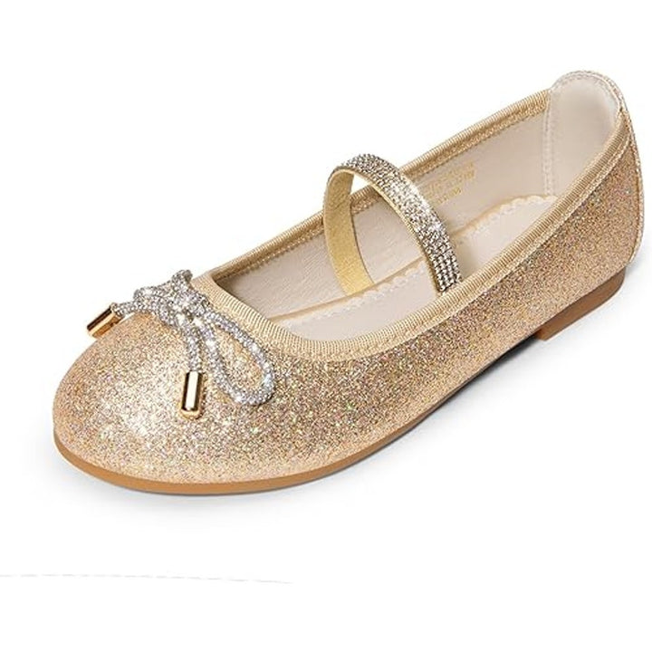 Dream Pairs Big Girls Size 5 Gold Glitter Rhinestone Bow Slip On Ballet Flats