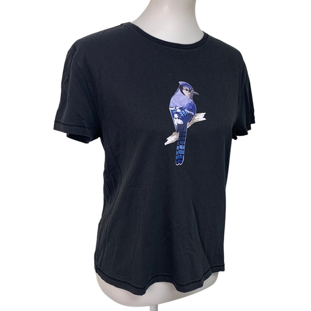 New Upcycled Hand Printed Womens Medium Blue Jay Bird Short Sleeve Tee Shirt