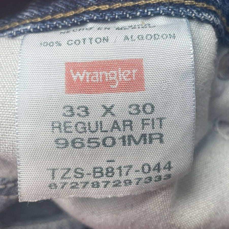 Wrangler Mens 33 X 30 100% Cotton Regular Fit Denim Blue Jeans Slight Distressed