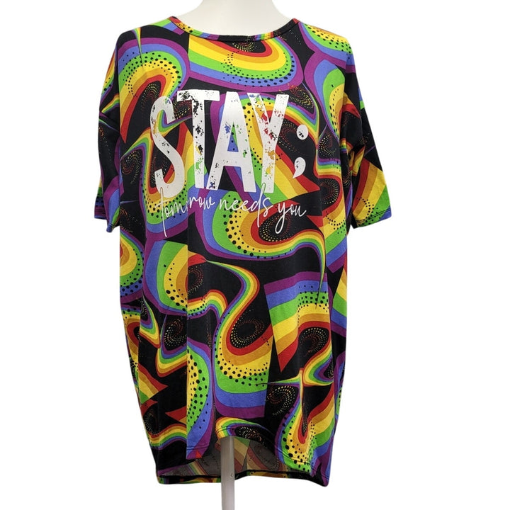 Hand Printed Upcycled Womens XS Stay Tomorrow Needs You Rainbow Swirl Tee Shirt