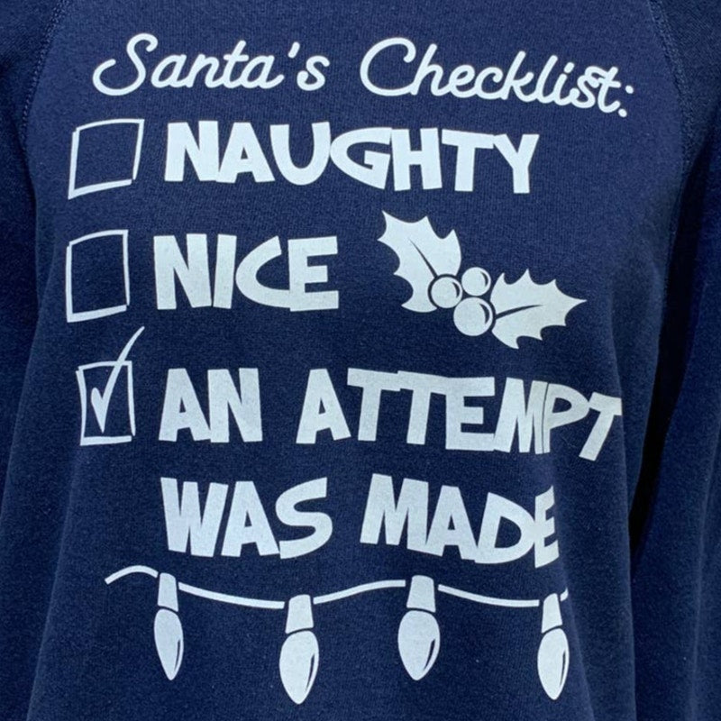Upcycled Hand Printed Large Christmas Santa Checklist Naughty Nice Sweatshirt