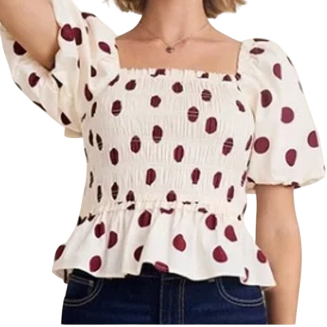 New Francescas Womens Small Cream Burgundy Polka Dot Stretch Cotton Smocked Top