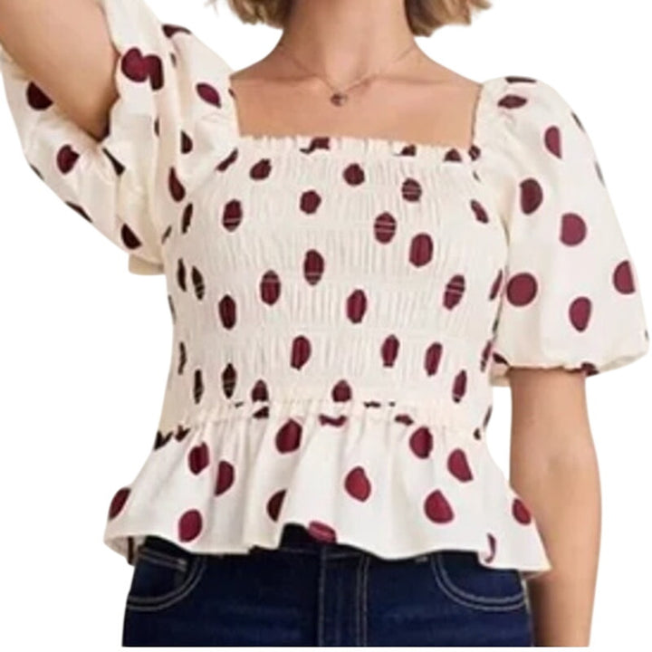 New Francescas Womens Small Cream Burgundy Polka Dot Stretch Cotton Smocked Top