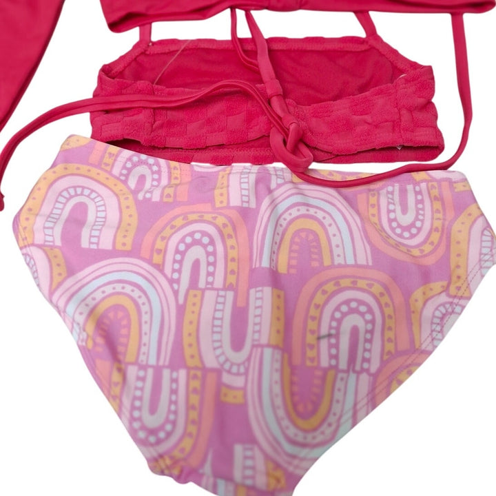 New Art Class Girls Small (6/7) Pink Rainbow 3PC Bikini Cover Top Swim Suit Set