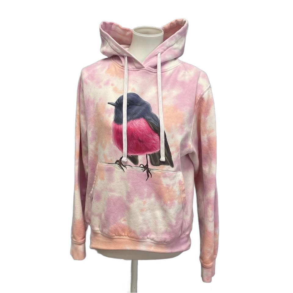 Upcycled Hand Printed Womens Small Pink Robin Bird Tie Dye Sweatshirt Hoodie