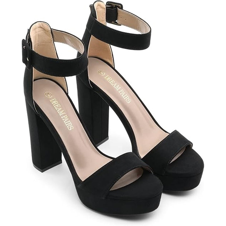 Dream Pairs Womens Size 9.5 Black 5" Heel Ankle Strap Faux Suede Platform Pumps