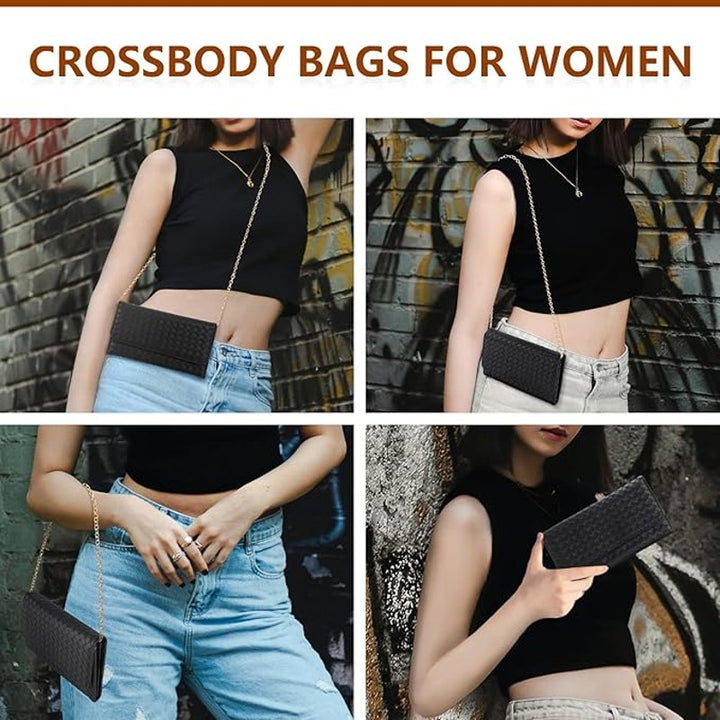 U+U Womens Black Faux Leather Woven Removeable Chain Crossbody Purse Bag