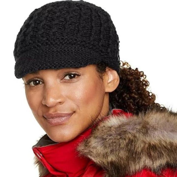 New Eddie Bauer Womens Black Acrylic Lined Warm Covey Beanie Hat Cap w Buttons
