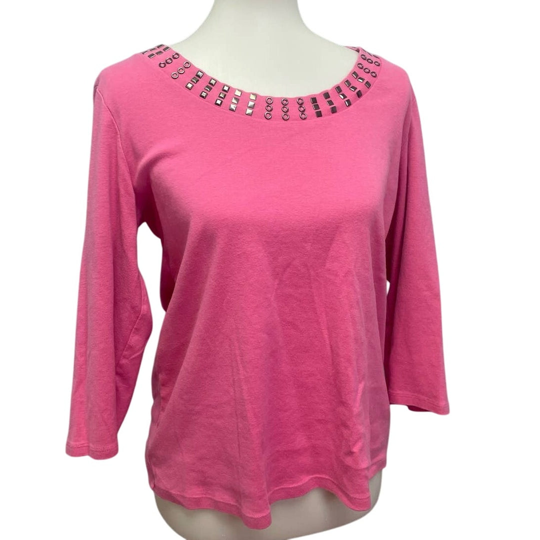 Style &amp; Co XL 100% Cotton RIvet Studded Scoop Neck Long Sleeve Stretchy Blouse