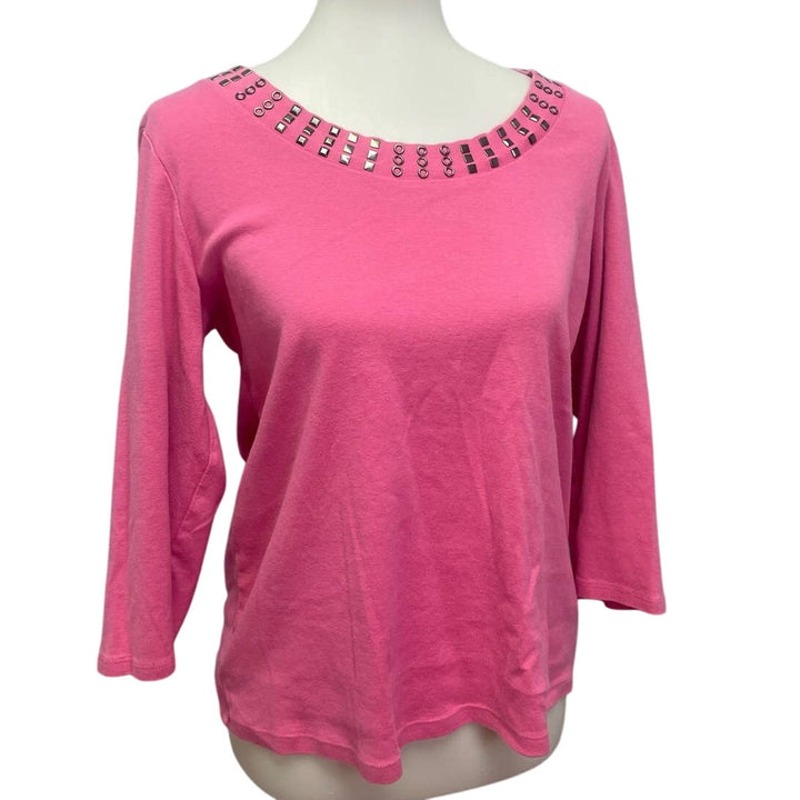 Style &amp; Co XL 100% Cotton RIvet Studded Scoop Neck Long Sleeve Stretchy Blouse
