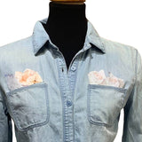 Hand Printed Upcycled Small Rose Flower Lacy Long Sleeve Denim Button Down Shirt