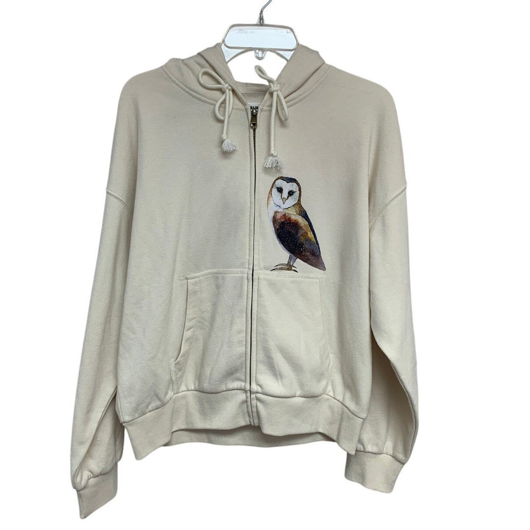 New Handprinted Womens Medium Woodland Owl Bird Zip Up Long Sleeve Hoodie Jacket