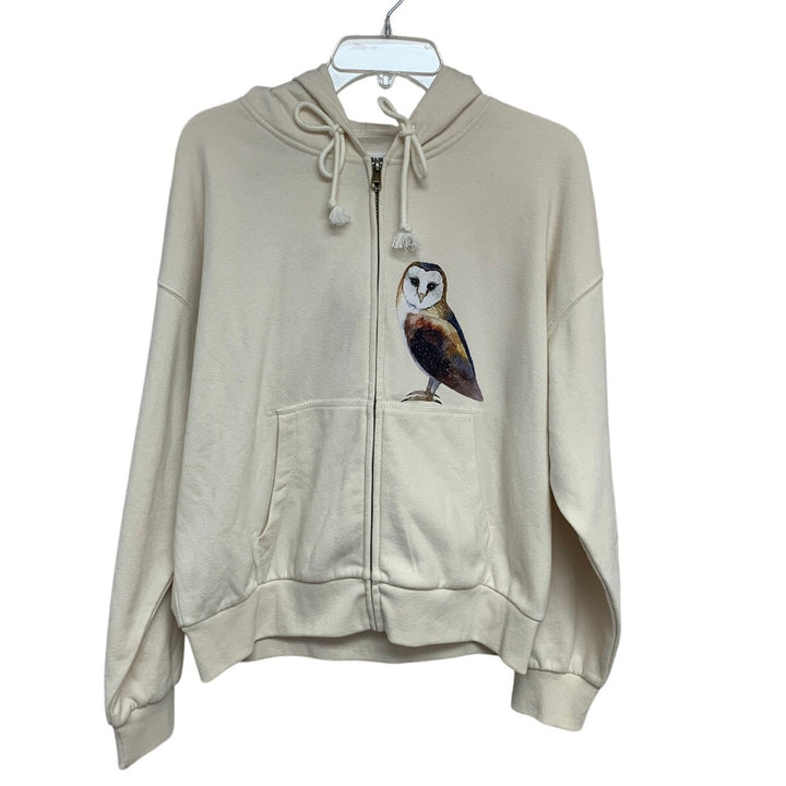 New Handprinted Womens Medium Woodland Owl Bird Zip Up Long Sleeve Hoodie Jacket