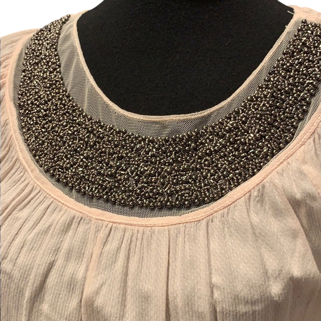 Max Studio MSSP Womens XS Cream Beaded Long Sleeve Rayon Pouf Shoulder Blouse