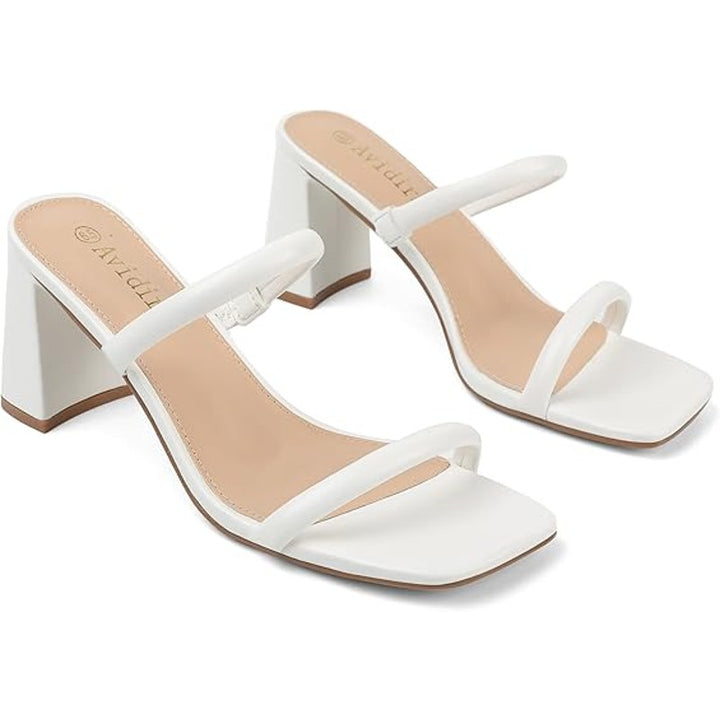 Avidirk Womens Size 7.5 White 2 Strap Slide On Open Toe 3" Chunky Heel Sandals