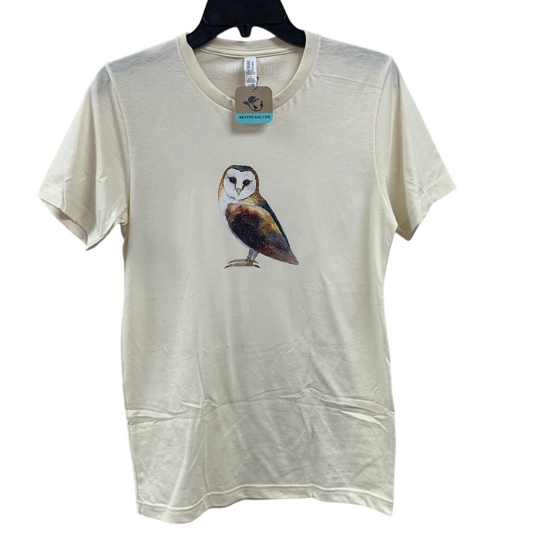 New Hand Printed Womens XS Ivory Woodland Owl Bird Short Sleeve Tee Shirt