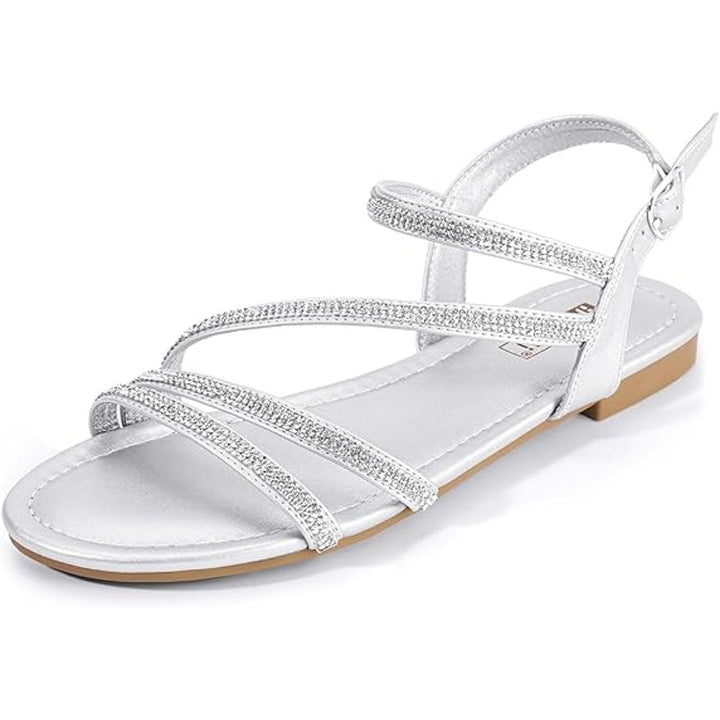 New Idifu Womens Size 10 Silver Rhinestone Sparkle Open Toe Buckle Strap Sandals