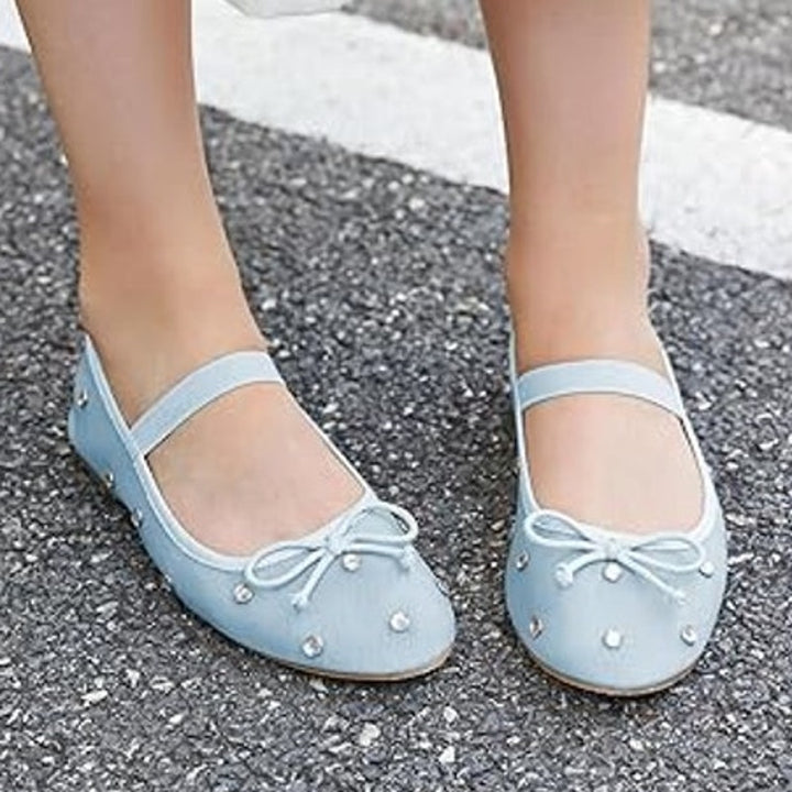 Coutgo Womens Size 8 Baby Blue Mesh Rhinestone Studded Mary Jane Ballet Flats