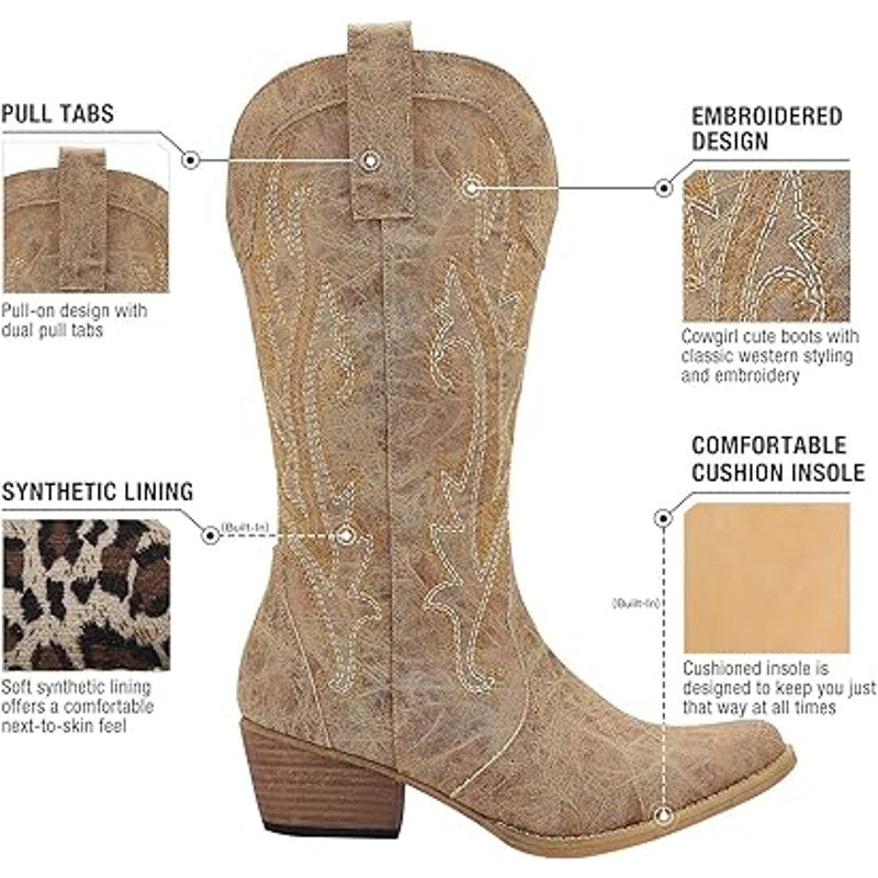 Rollda Womens Size 8 Rugged Brown Embroidered 2" Block Heel Western Cowboy Boots