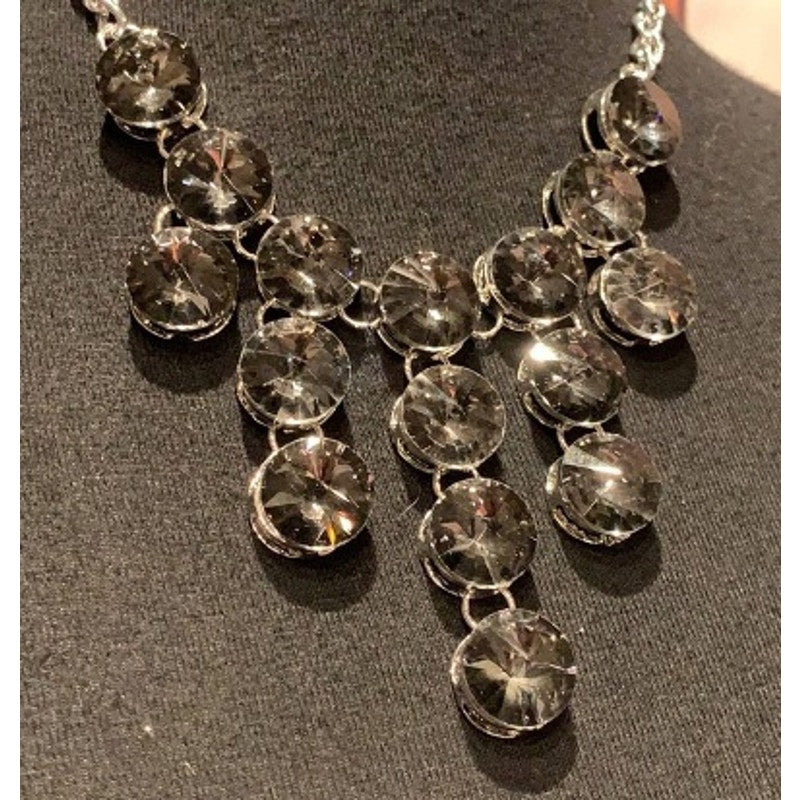 New Midnite Steel Gray Gem Waterfall Rhinestone Statement Fashion Necklace